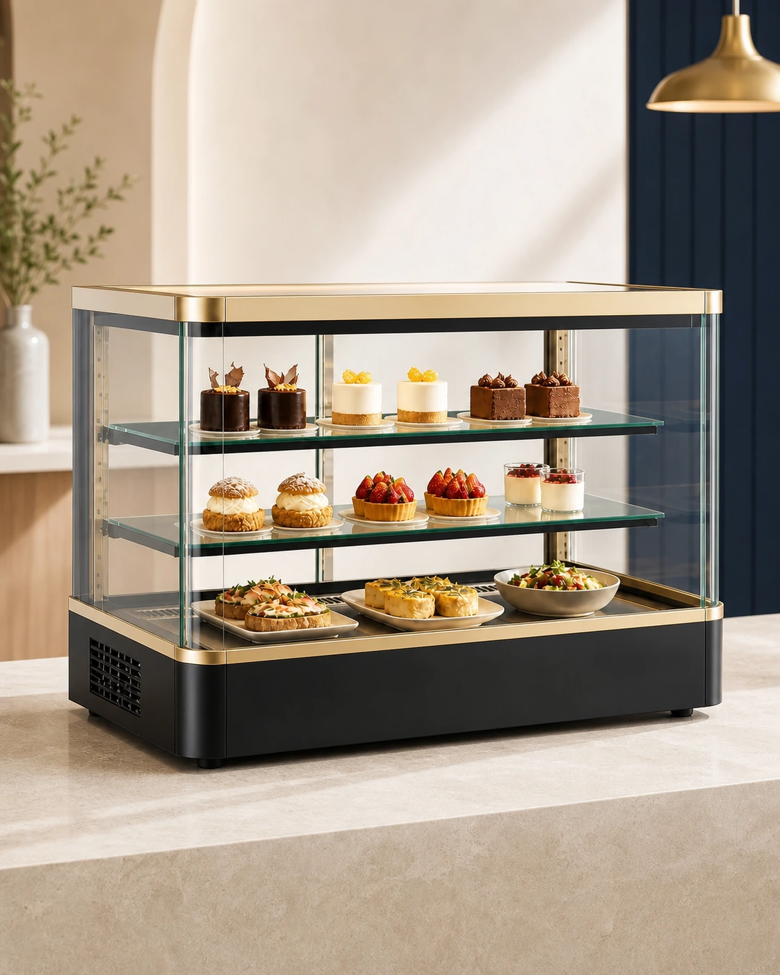 Black and champagne-gold tabletop display counter shown prominently on a stone counter